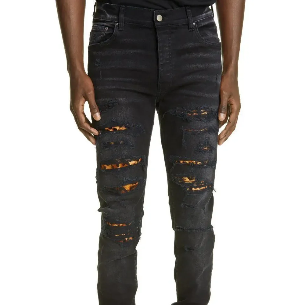 AMIRI Leopard Thrasher Ripped Skinny Jeans, sz 30 Aged Black - Picture 1 of 7